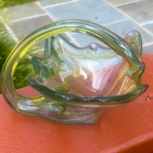 Hand Blown Art Glass Vintage li Green with Some Colored Orange Swirl